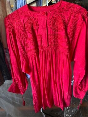 Bright Red Embroidered Boho Tunic Top